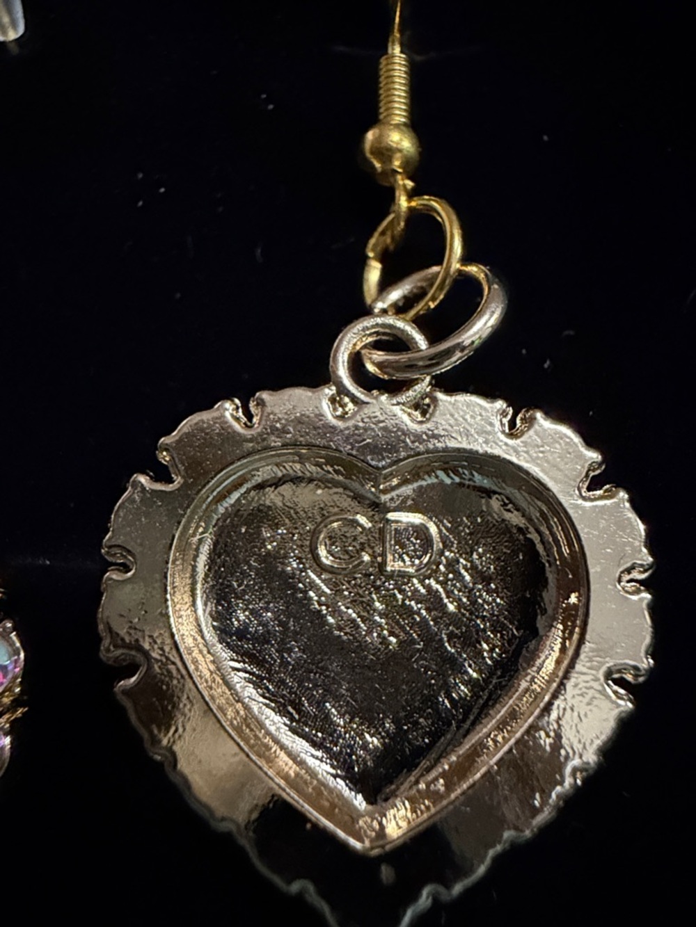 Dior Rose Gold Heart Drop Earrings with Iridescent Pink Crystals - Picture 3 of 4